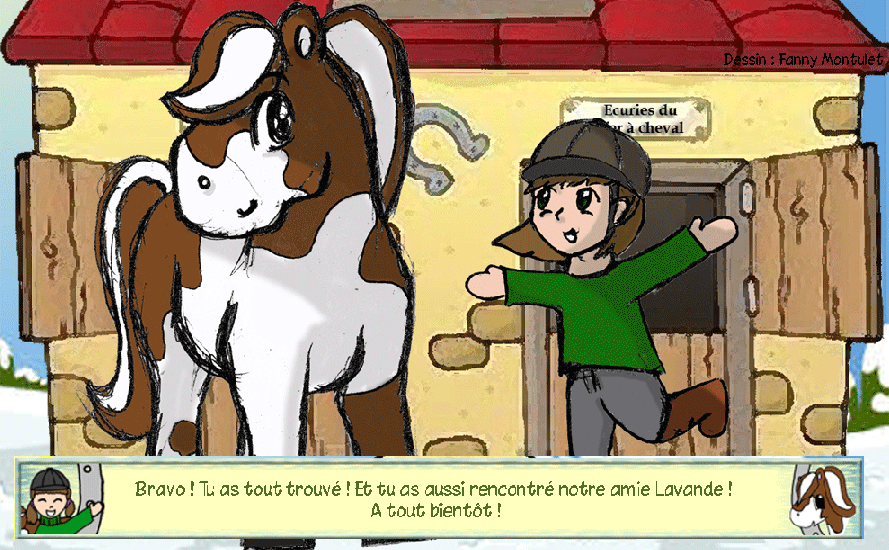 dessin de poney et fillette devant écurie du fer à cheval