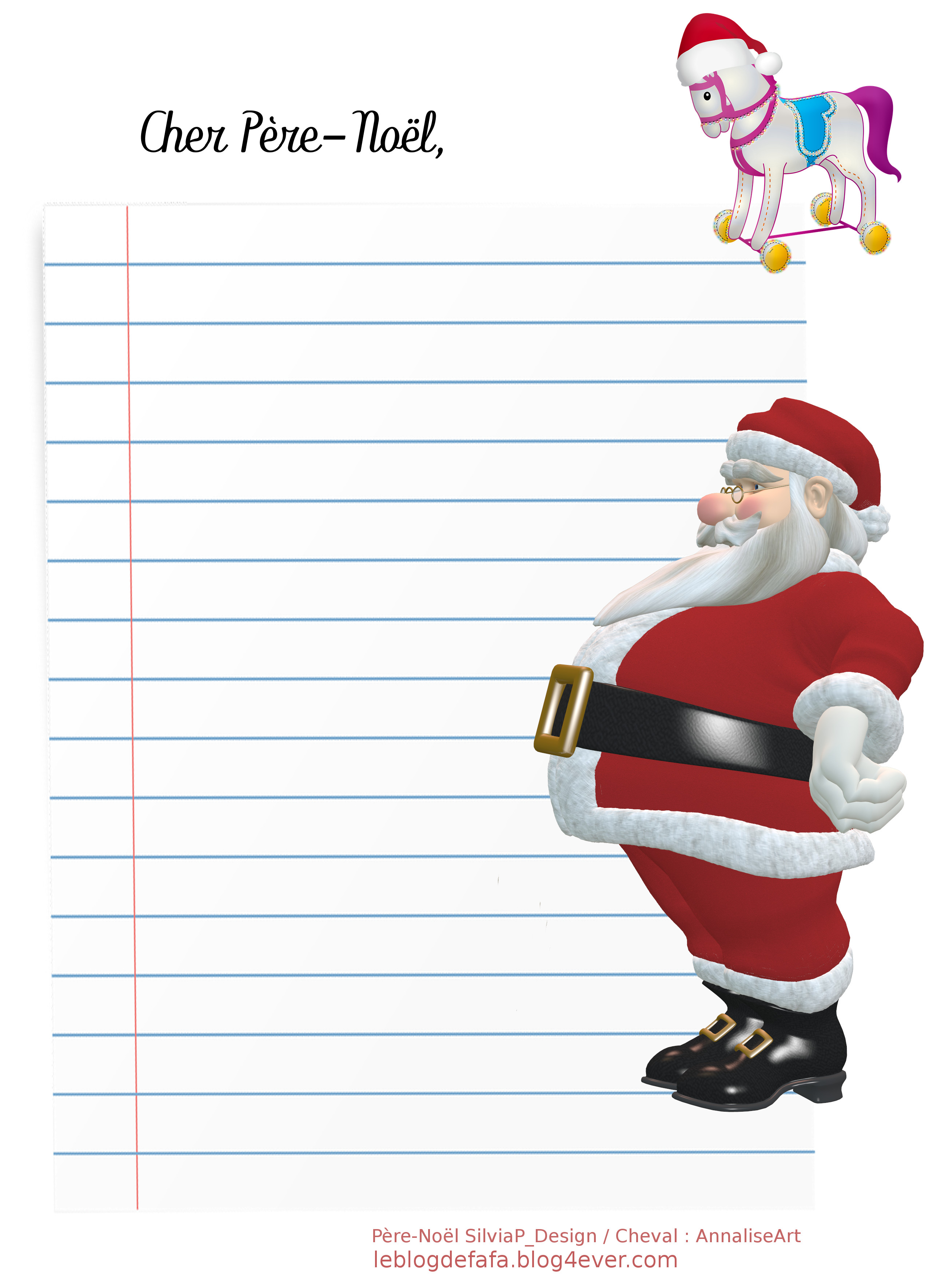 Modèle de lettre lignée  à imprimer pour le Père-Noël avec cheval et photo du Père-Noël