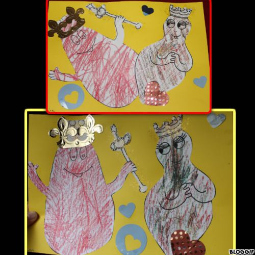 barbapapa et barbamama : en roi et reine avec des crayons gras, et coller des coeurs