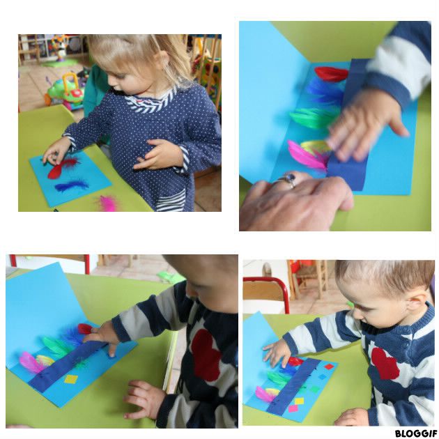 livre pour les petits : coller les plumes de différentes couleurs, puis poser une gommettes correspondantes (couleur) en dessous !