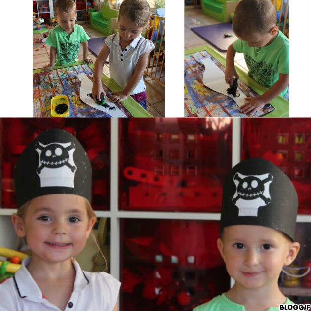 création d'un chapeau de Pirate (peinture noire, et coller le dessin)