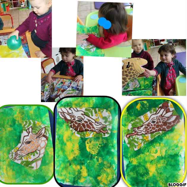 peinture avec un ballon baudruche et coller la tête de la girafe (coloriée par nounou), jeux avec la marionnette girafe