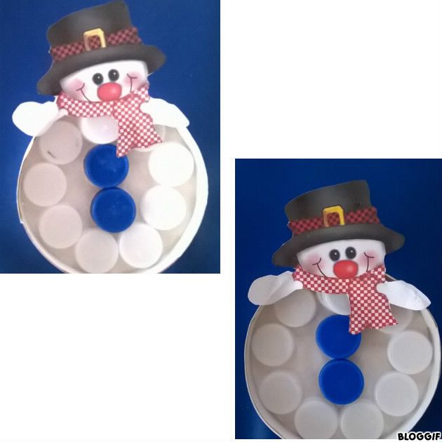 bonhomme de neige : boite de camembert et coller des bouchons blanc et bleu à l'intérieur