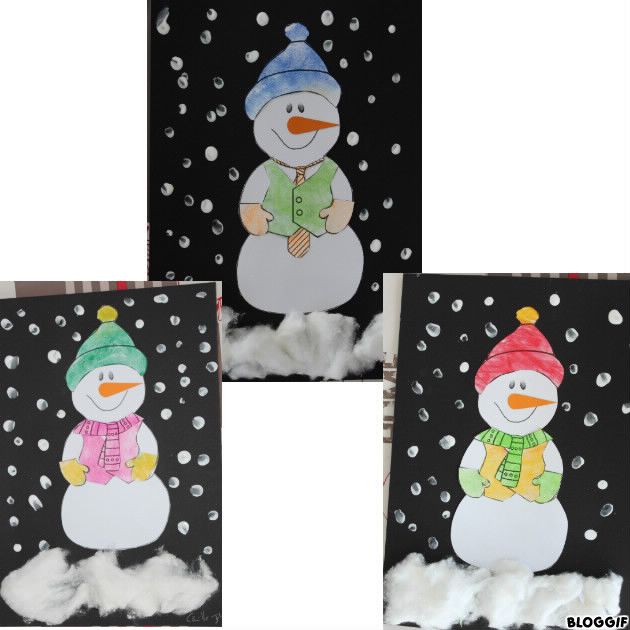 BONHOMME DE NEIGE AUX PASTELS (pastel sur les habits, découper et coller sur le bonhomme) peinture au doigt pour la neige