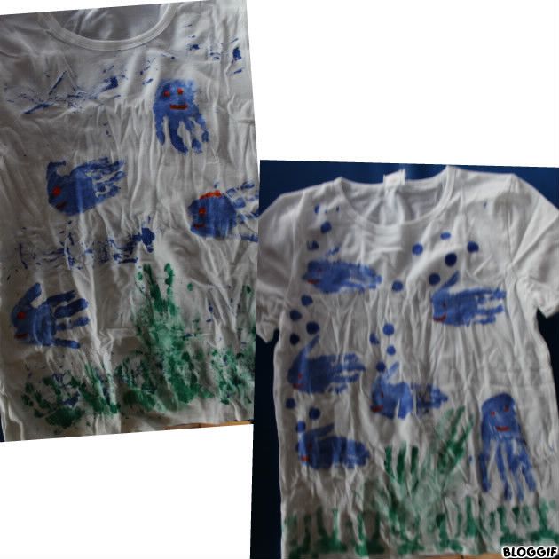 carnaval relais : empreintes sur t shirt  pour faire des poissons et algues (thème : la mer)