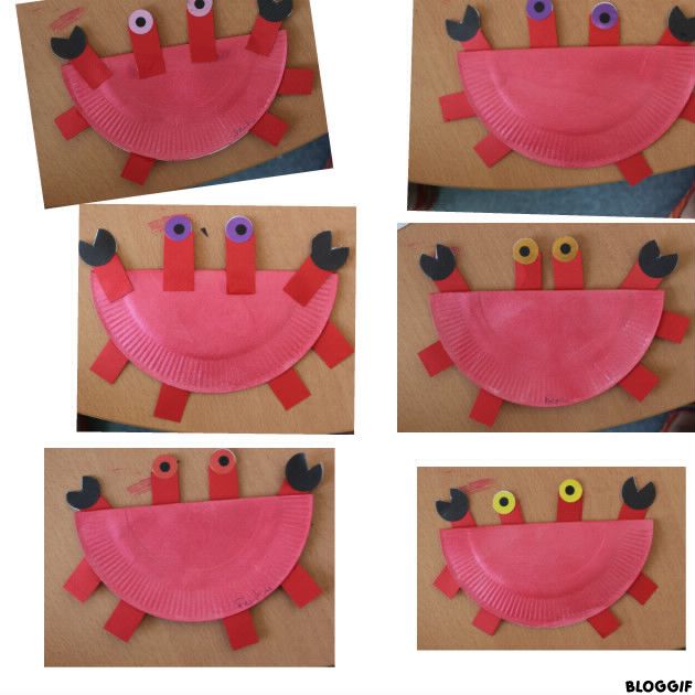 fabrication de crabe (petites assiettes en carton, peinture et gommettes pour les yeux et le bout des pinces) recto-verso