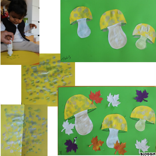 peinture au tampon, découper par nounou, et collage : voici nos champignons !