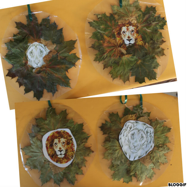 tête de lion recto verso avec des feuilles sèches en guise de crinière