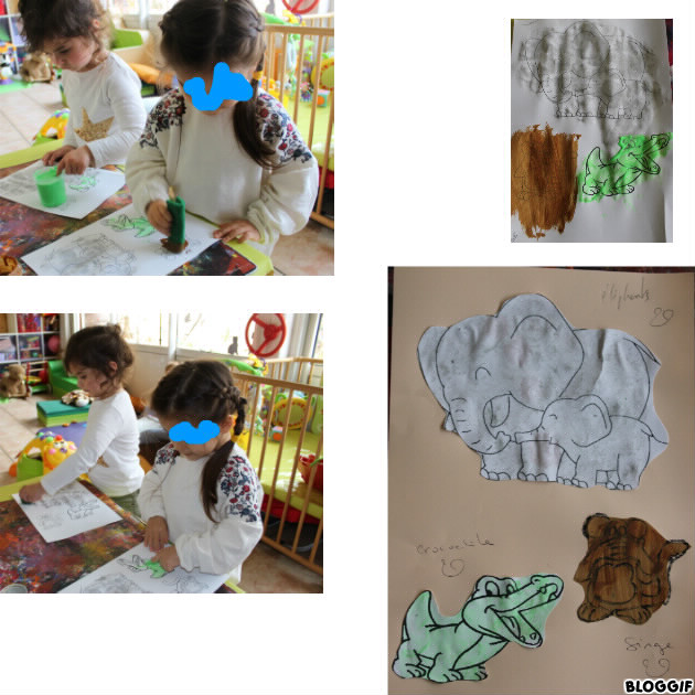 éléphant peinture au tampon, crocodile peinture au doigt et singe peinture au grattoire cuisine