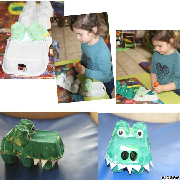 création d'une tête de crocodile (coller un morceau de boite d'oeuf pour les yeux, peindre le tout, coller les dents les yeux une fois sec)