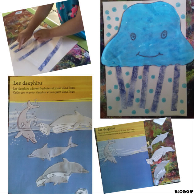 peinture et collage pour la méduse, coller des dauphins dans la mer