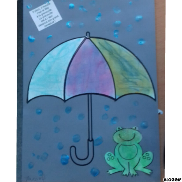 il pleut il mouille . . pastel pour le parapluie et la grenouille, empreinte de l'index pour les gouttes de pluie