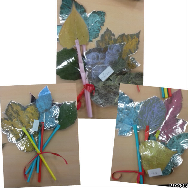 bouquet de feuilles sèches peinture agrafé sur des pailles