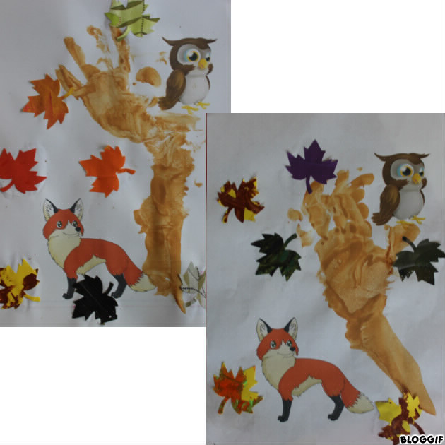 Dernière peinture et collage d'automne (j'ai fait une copie couleur avec un renard en bas et hibou en haut) empreinte à la peinture de l'avant bras et main pour faire l'arbre