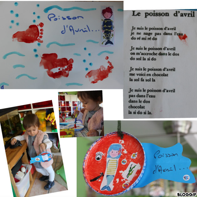 petits poissons d'avril (empreinte de pied pour Maël) peinture et collage pour Louise