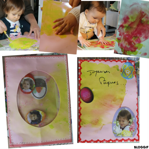 une des cartes pour Pâques, voici celle d'Ines (dans une bulle plastifiée se promène deux photos et des paillettes roses et verte) recto et verso