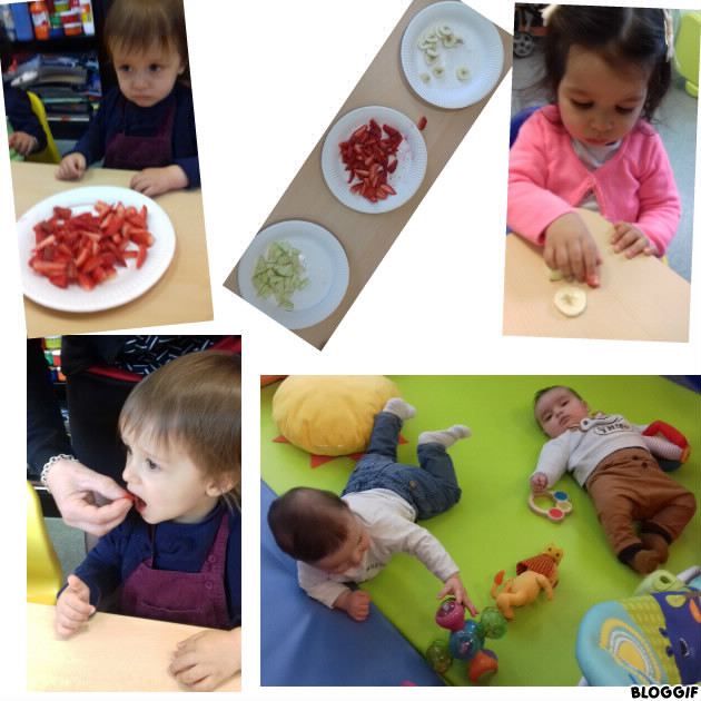 dégustation de fraises, pommes et bananes