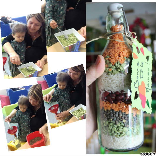 Amélie aide Louise à remplir de graines la bouteille, bonne fête Maman