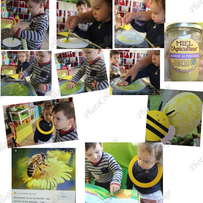 activités sur les abeilles ce matin, peinture, collage, écouter les abeilles et chansons, gouter du miel, jeux avec les peluches et livre
