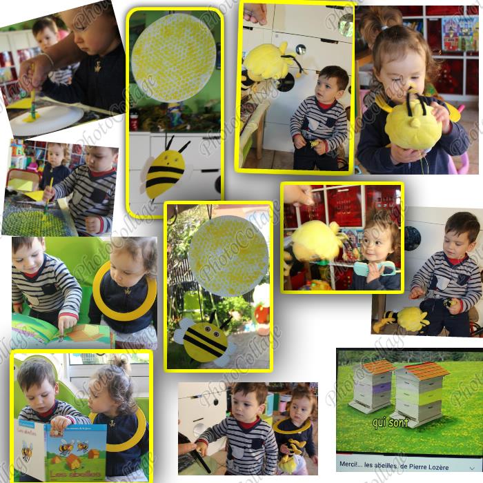 activités sur les abeilles ce matin, peinture, collage, écouter les abeilles et chansons, gouter du miel, jeux avec les peluches et livre