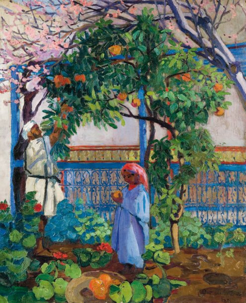 Suzanne Drouet-ReveillaudLa cueillette des oranges dans l'orangeraie du Riad Ben Sliman à Fès.jpg