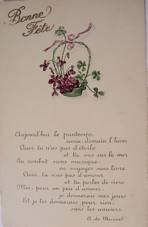 Bonne fête - poéme de A. de Musset et panier de violettes