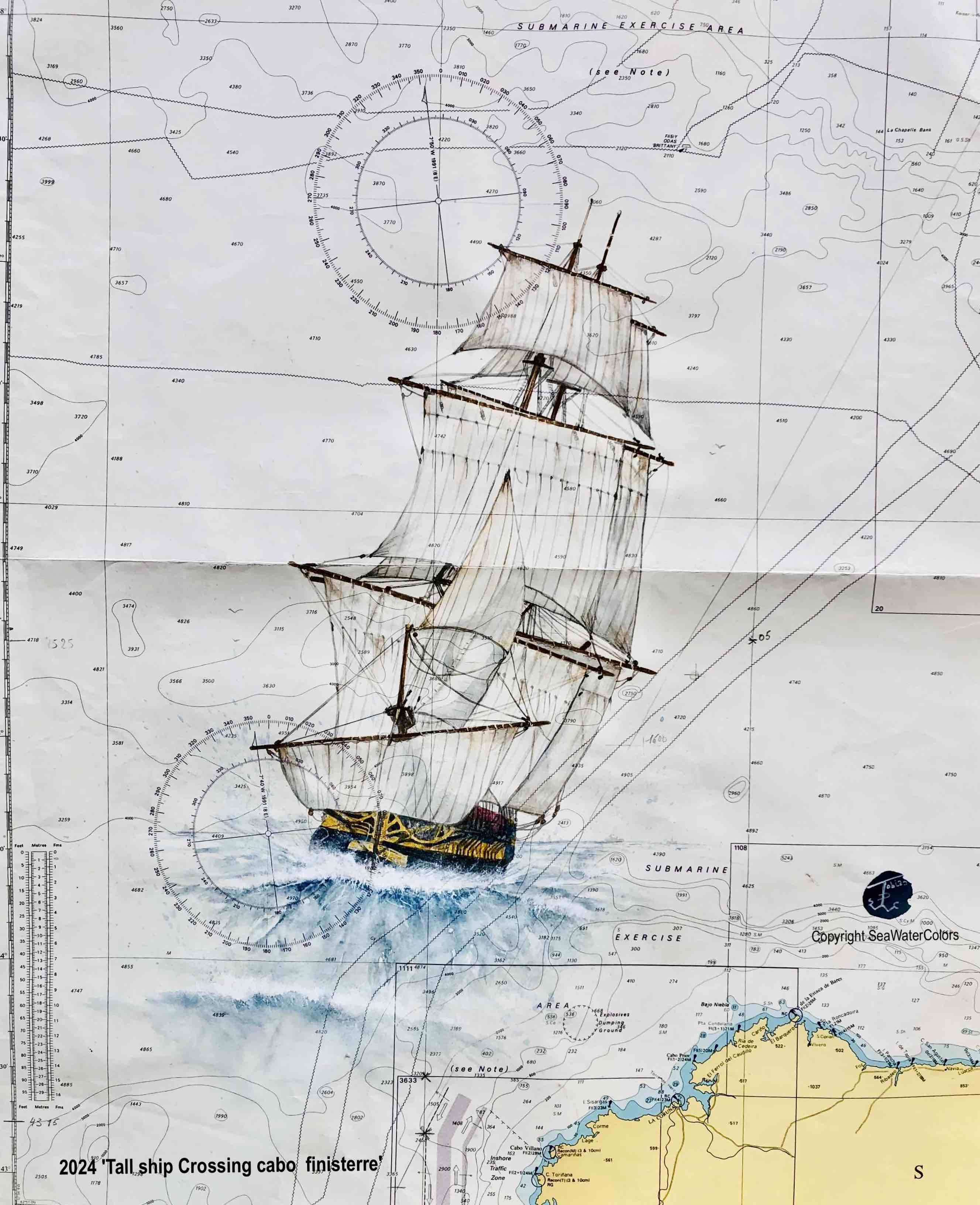 2024 'Tall ship Crossing cabo  finisterre' Nautical chart 60-50 cm.jpeg