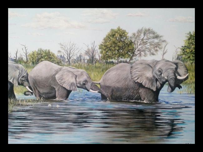 Éléphants dans l'eau 92X64