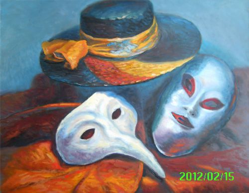 Monique FOISSAC  2012 - N°162 - Les masques - Huile 55 x 46 cm - 330 €