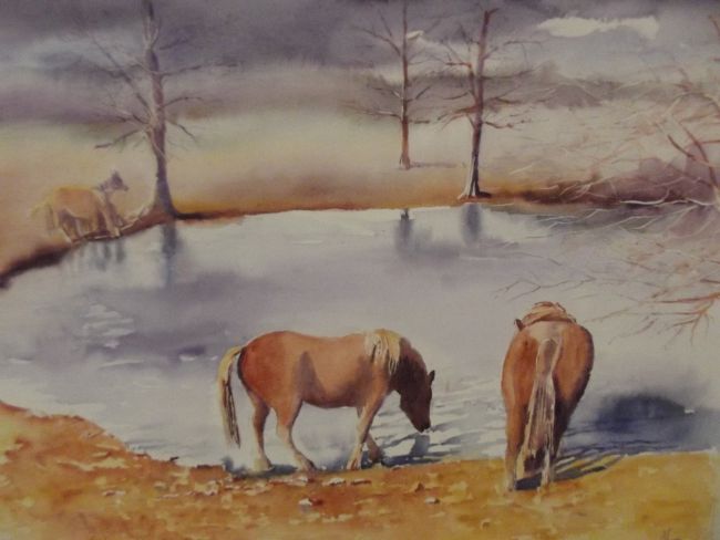 Yolande LEFEVER  2015  -  Les chevaux au bord de l'étang