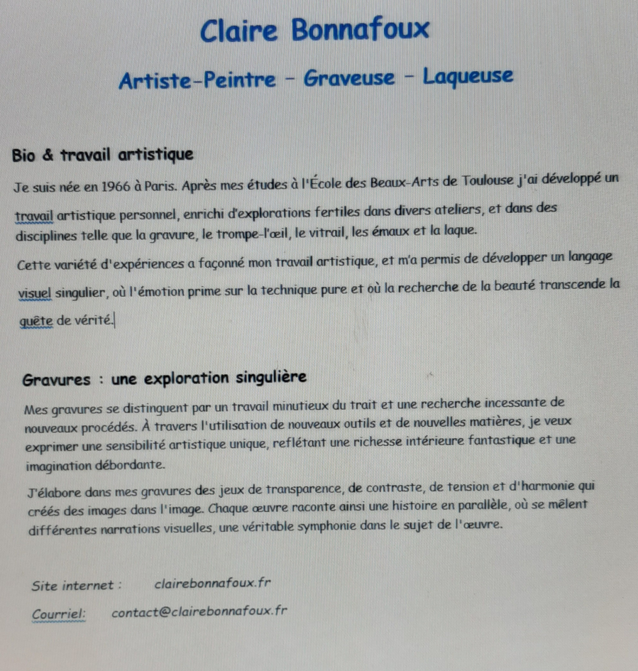 Claire BONNAFOUX - Parcours Artistique