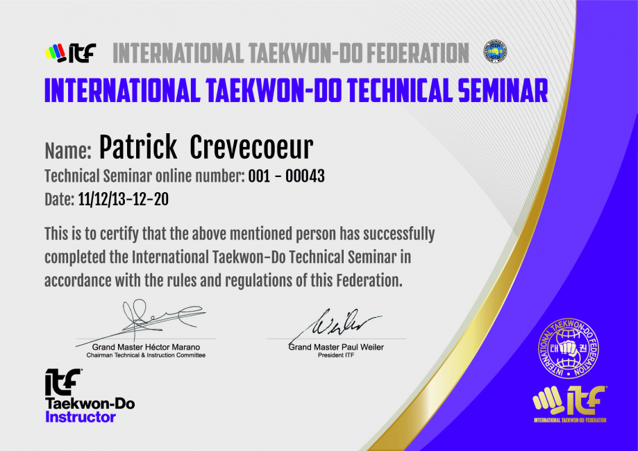 International Taekwon-Do Technical Seminar Certificate - Patrick  Crevecoeur.jpg