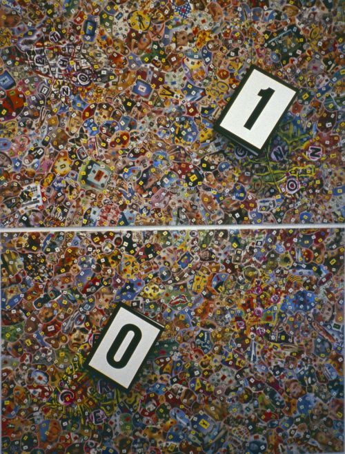 Carlos Ginzburg, série Computations ontologiques, 2002, collage, peinture acrylique, 2 classeurs fermés 0/1 sur chaque panneau, 2 x 1,5 m