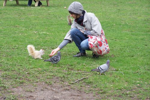 Mia avec un écureuil albinos au Parc La Fontaine