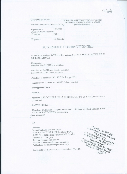 P1 Jugement Correctionnel Pau 13 janvier 2014.jpg