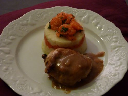 gigolette de poulet, fond lié au cognac et purée de panais et carottes