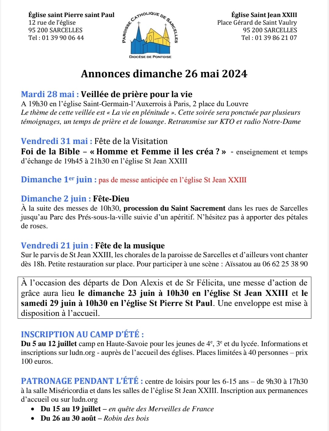 Annonce du dimanche 26 mai 2024