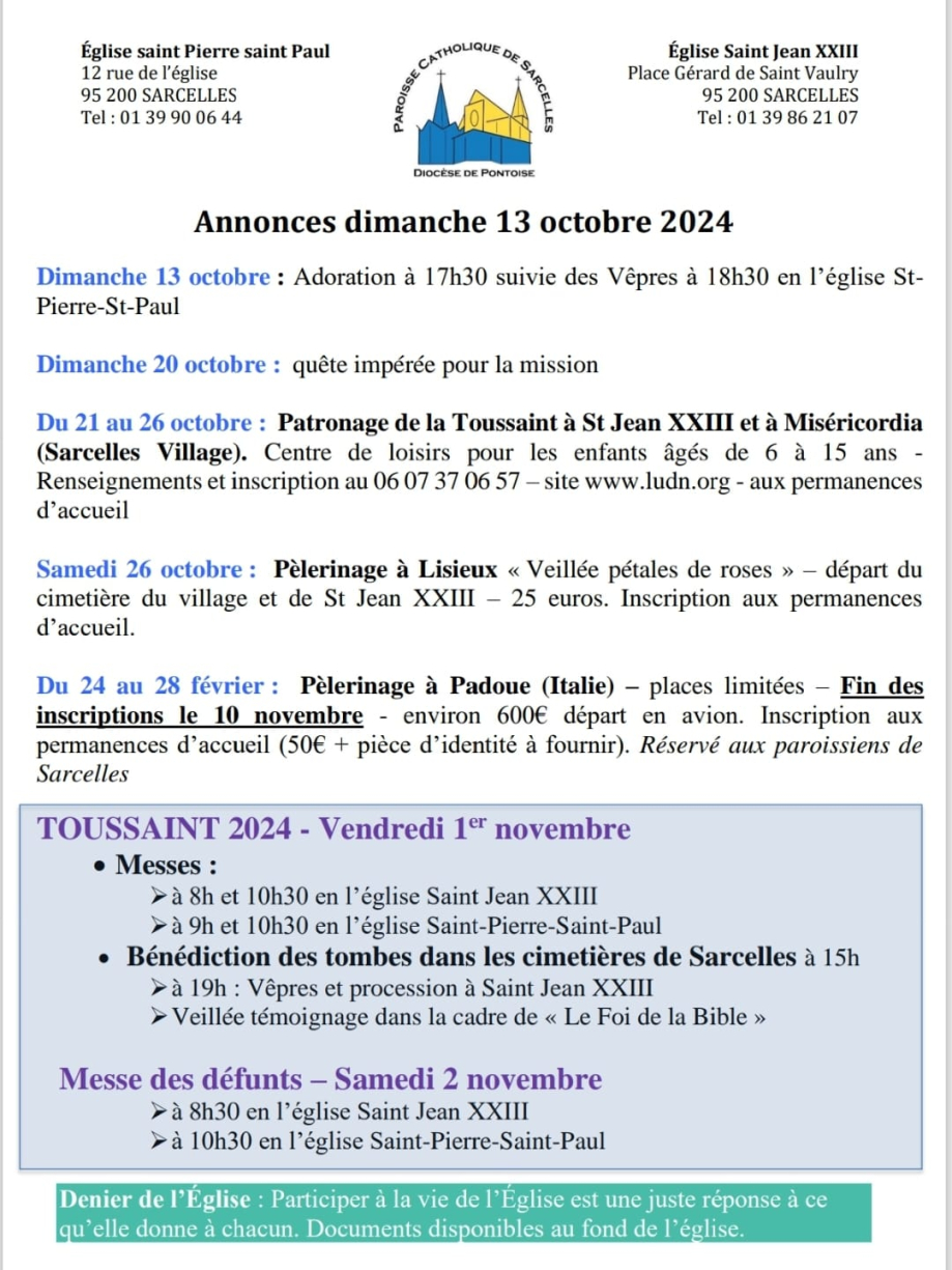 Annonces dimanche 13 octobre 2024