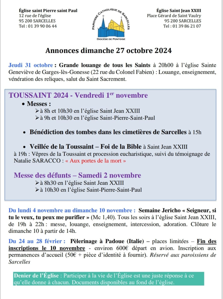 Annonces dimanche 27 octobre 2024