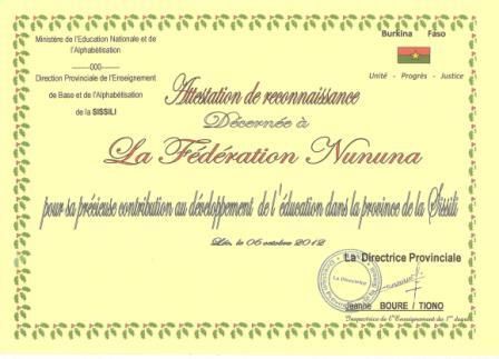 L'attestation de reconnaissance décernée à la Fédération Nununa