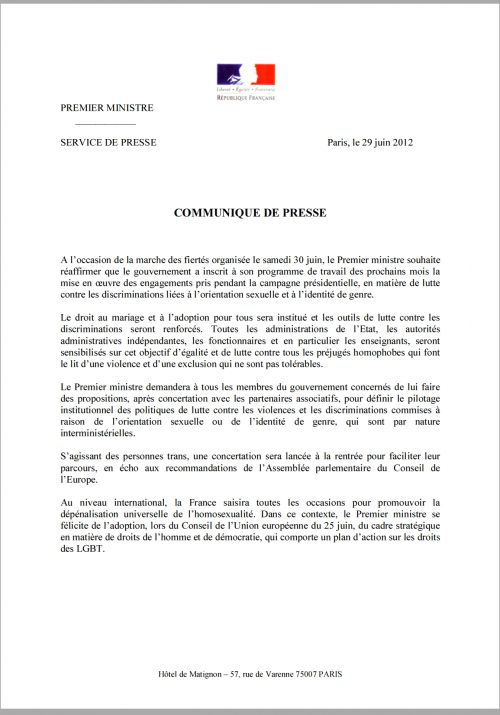 Premier Ministre Communiqué de presse le 29 juin  2012 en matière de lutte contre les discriminations liées à l’orientation sexuelle et à l’identité de genre