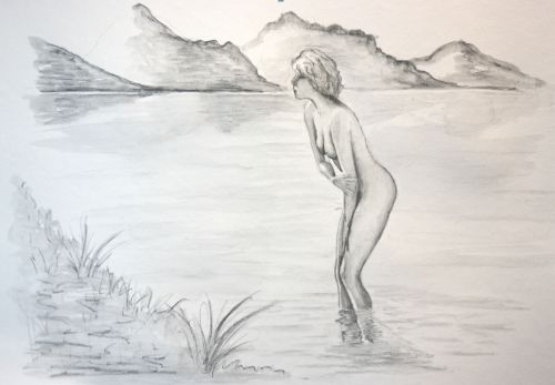 Baignade dans le lac (au crayon aquarellable)