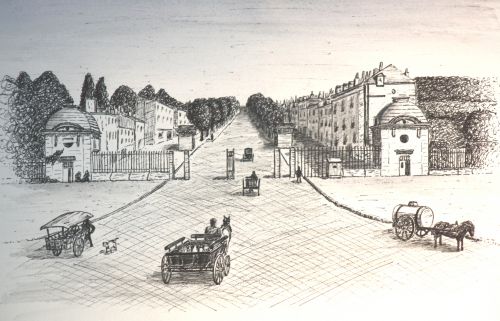 Avenue de la Tranchée à Tours du temps de l'octroi ou il fallait payer pour rentrer dans la ville (vieux dessin)