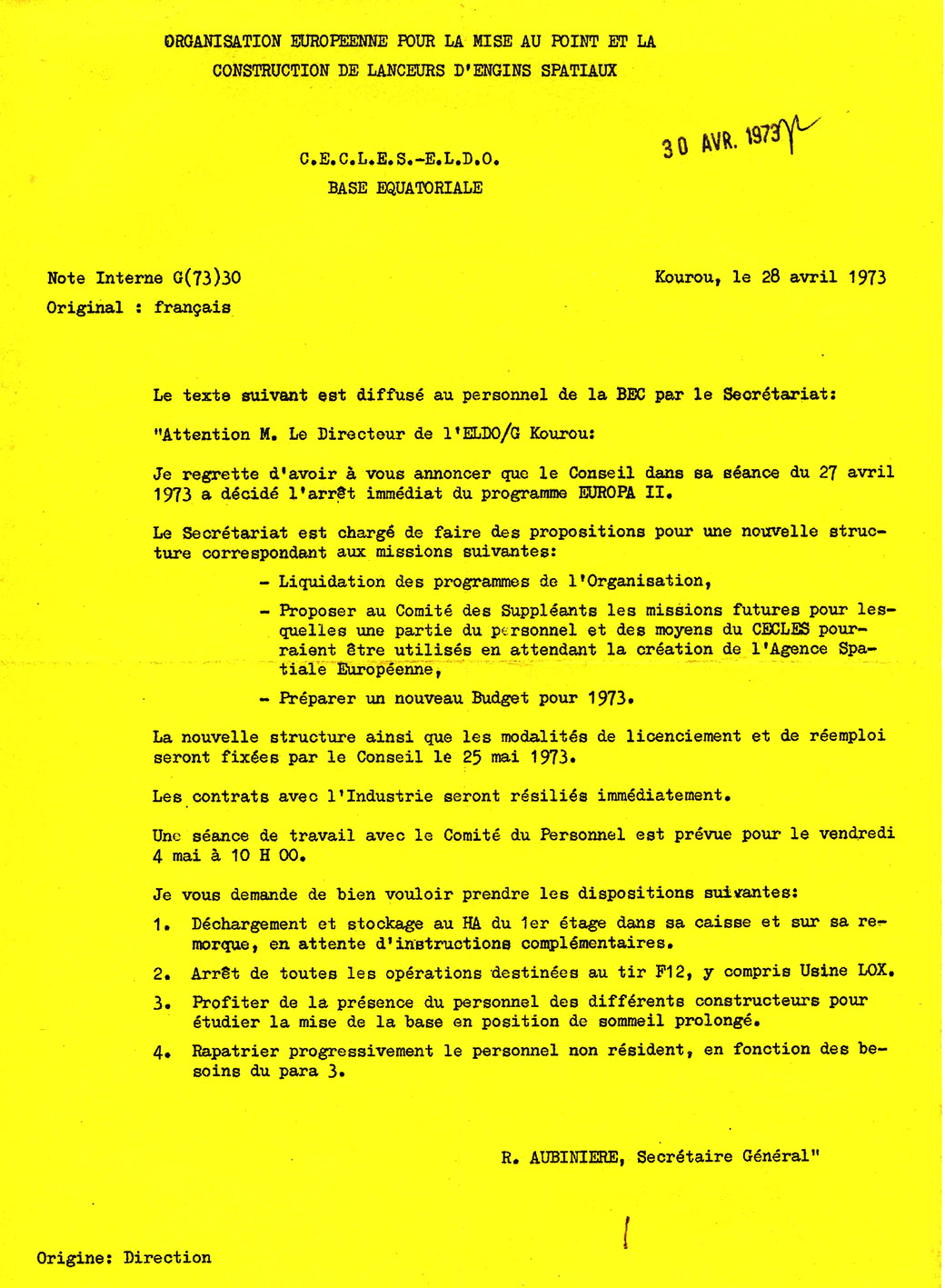 lettre du général Aubinière du 28 avril 1973 annonçant l'arrêt du programme Europa 2