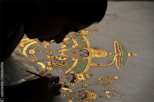 A student creates a Mysore painting depicting the coronation of Lord Rama - Madras