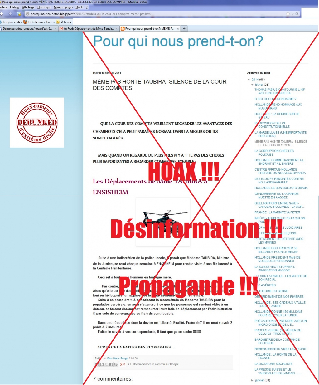 Non Taubira ne va pas rendre visite à son fils avec un hélicoptère, et pour cause ! - Debunkers, démolisseurs,  des rumeurs/hoax dextrême droite