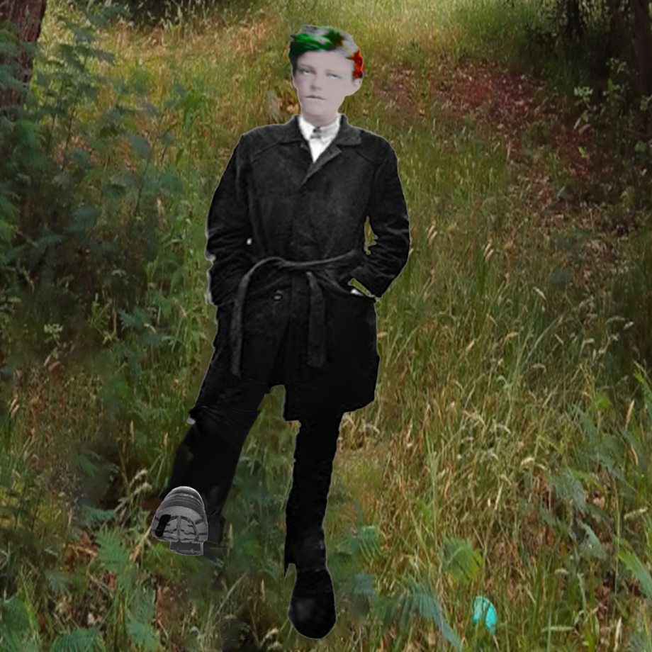 Rimbaud dans jardin punk et pied.jpg