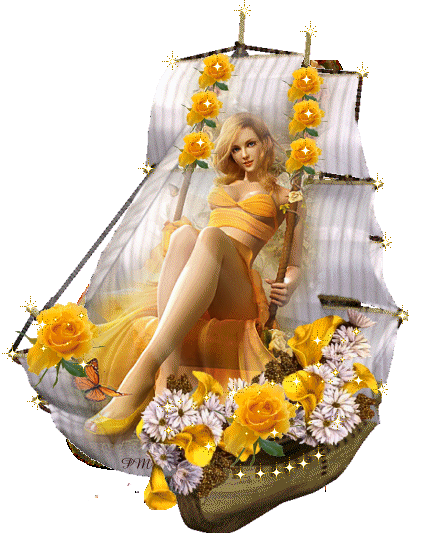 femme sur voilier fleurs jaunes.gif