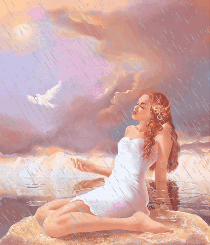 femme assise sur rocher colombe et pluie animee.gif