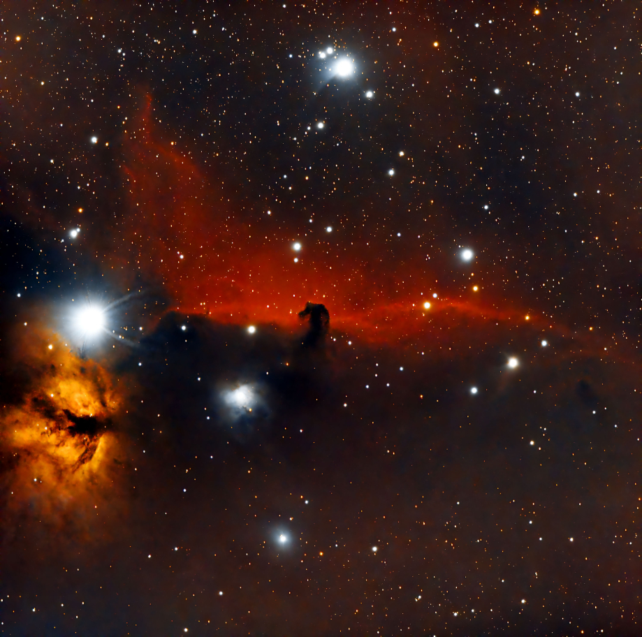 IC434 - La Nébuleuse de la Tête de Cheval située dans la constellation d'Orion faite le 14/02/2023 retravaillée dans PI et Photoshop
Lunette ED 80/500, caméra ASI533 MC, réducteur correcteur 0.85x, 20 poses de 60s